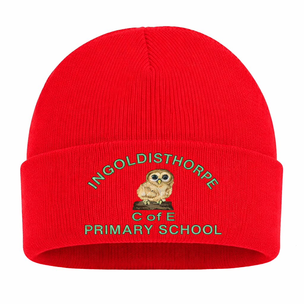 Red Childs Beanie Hat with Ingoldisthorpe Embroidered Logo