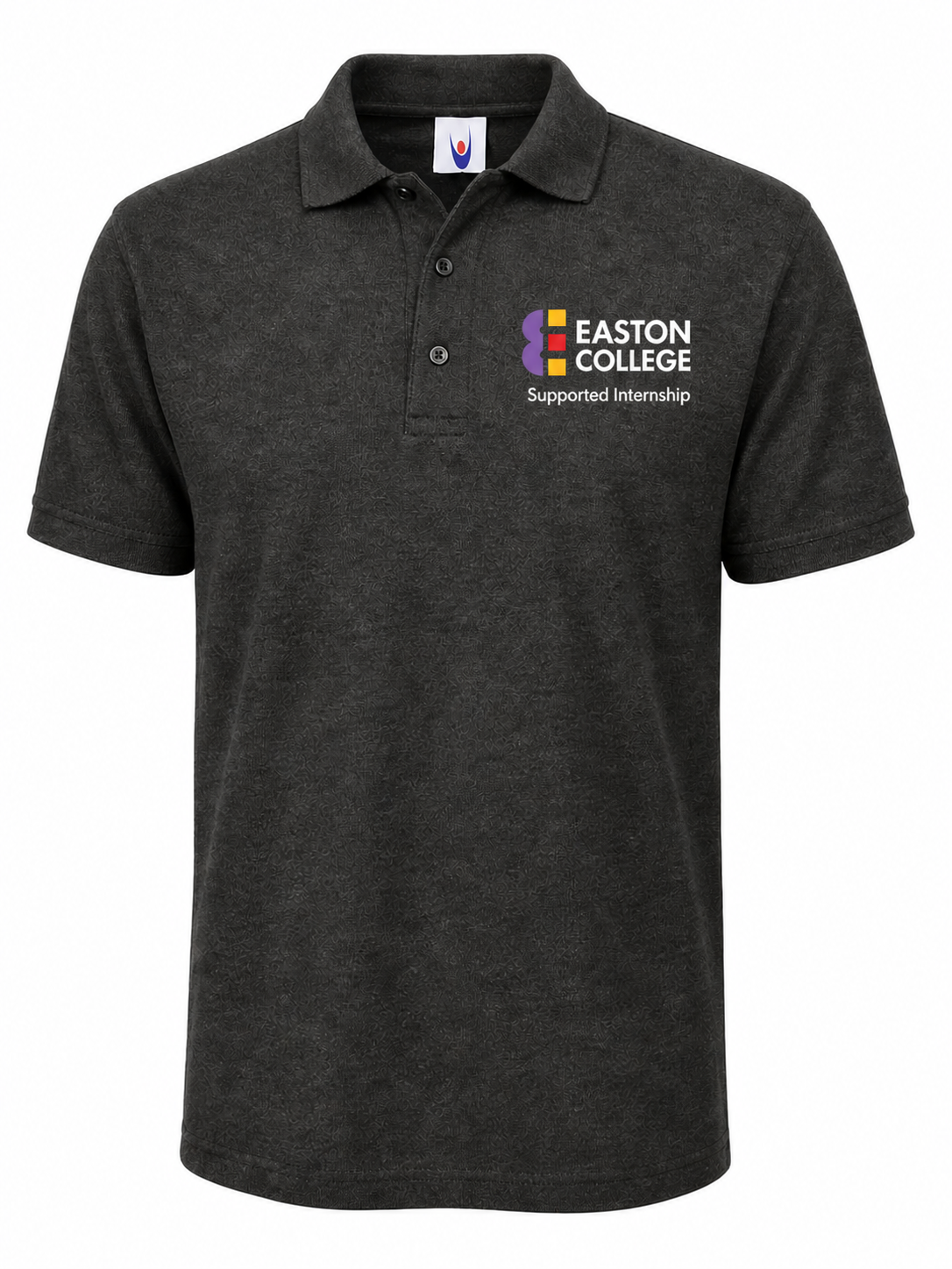 Charcoal Polo Shirt with Easton Logo, Supported Internship Logo and Back Print