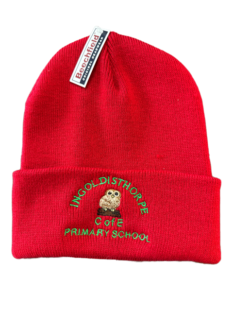 Red Childs Beanie Hat with Ingoldisthorpe Embroidered Logo