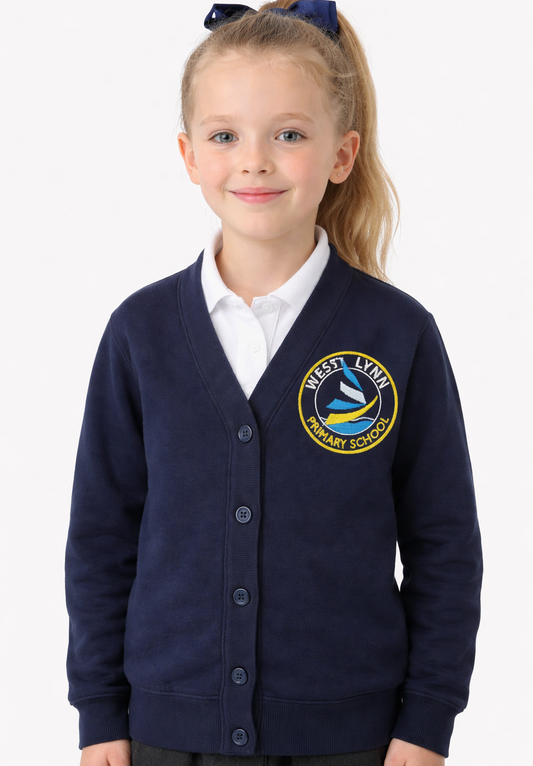 Navy Cardigan with West Lynn Embroidered Logo