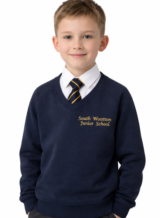 Navy V-Neck Sweatshirt with South Wootton Junior Embroidered Logo