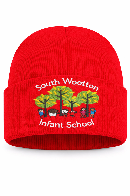 Red Child's Beanie Hat with South Wootton Infants Embroidered Logo