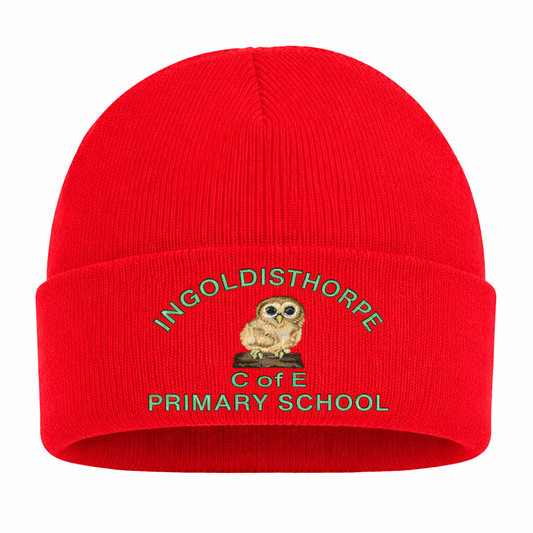 Red Childs Beanie Hat with Ingoldisthorpe Embroidered Logo