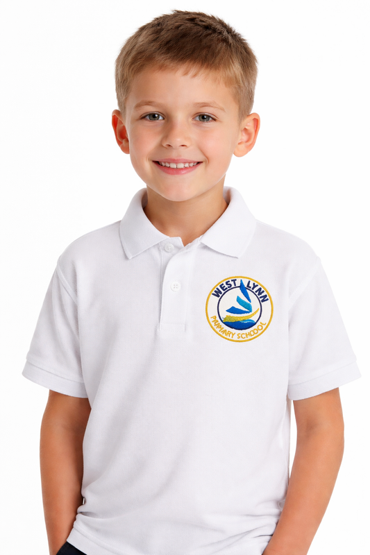White Polo Shirt with West Lynn Embroidered Logo