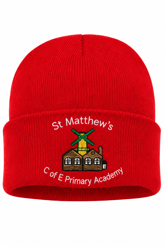 Red Childs Beanie Hat with St Matthews Embroidered Logo
