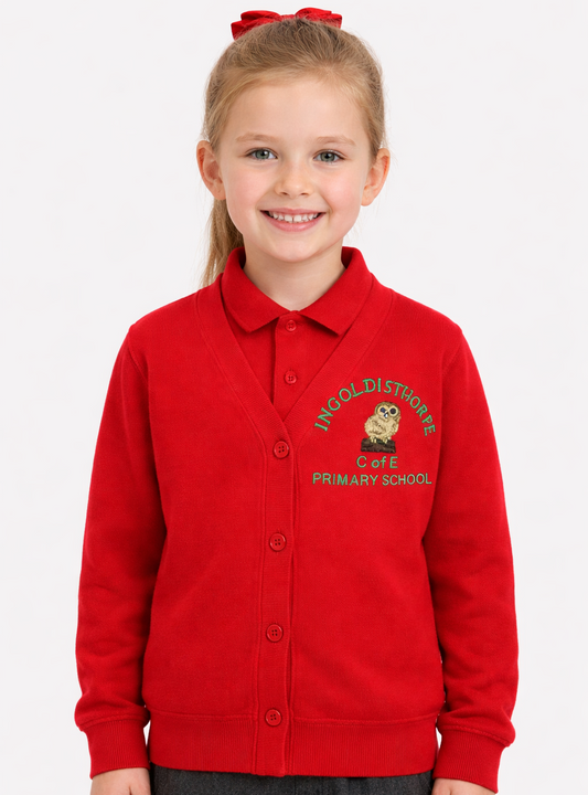 Red Cardigan with Ingoldisthorpe Embroidered Logo