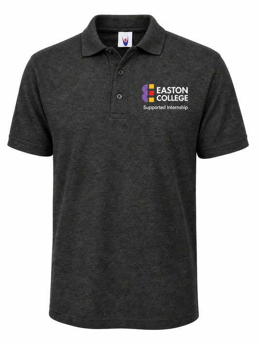 Charcoal Polo Shirt with Easton Logo, Supported Internship Logo and Back Print