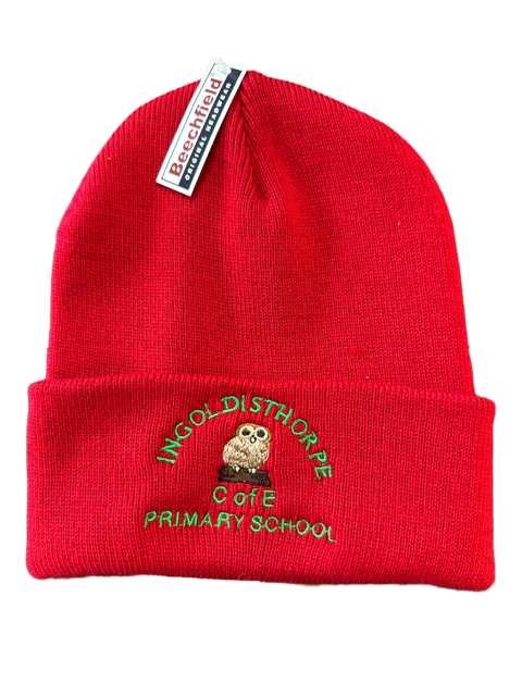 Red Children's Beanie Hat with Ingoldisthorpe Embroidery
