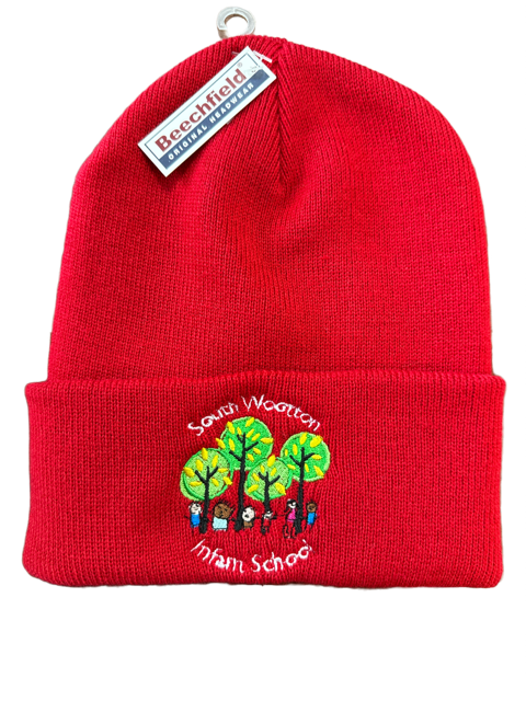 Red Children's Beanie Hat with South Wootton Infants Embroidery
